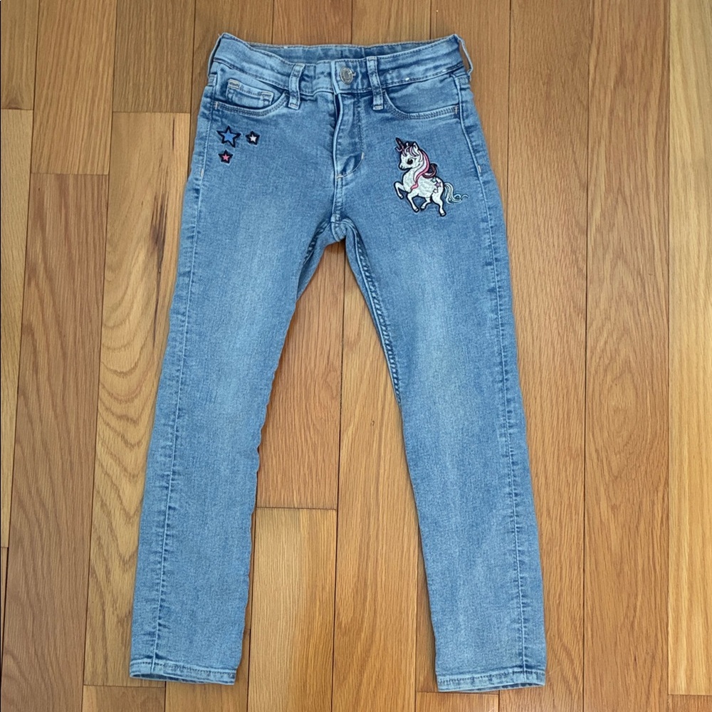&Denim Girls Skinny Blue Jeans with Unicorn Patch & Stars Size 6/7